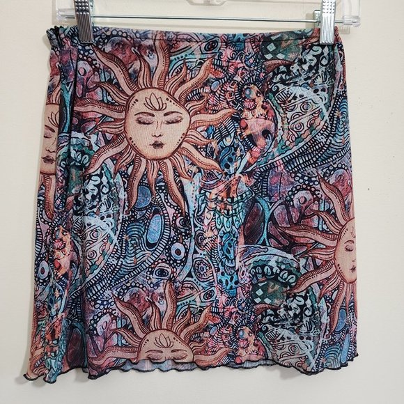 Sun with lotus flower print Y2K skirt with lettuce hem woman's size medium - Picture 6 of 8